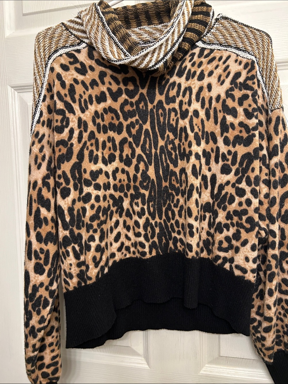 gimmicks by BKE Leopard Print Cowl Neck Sweater in Tan and Black